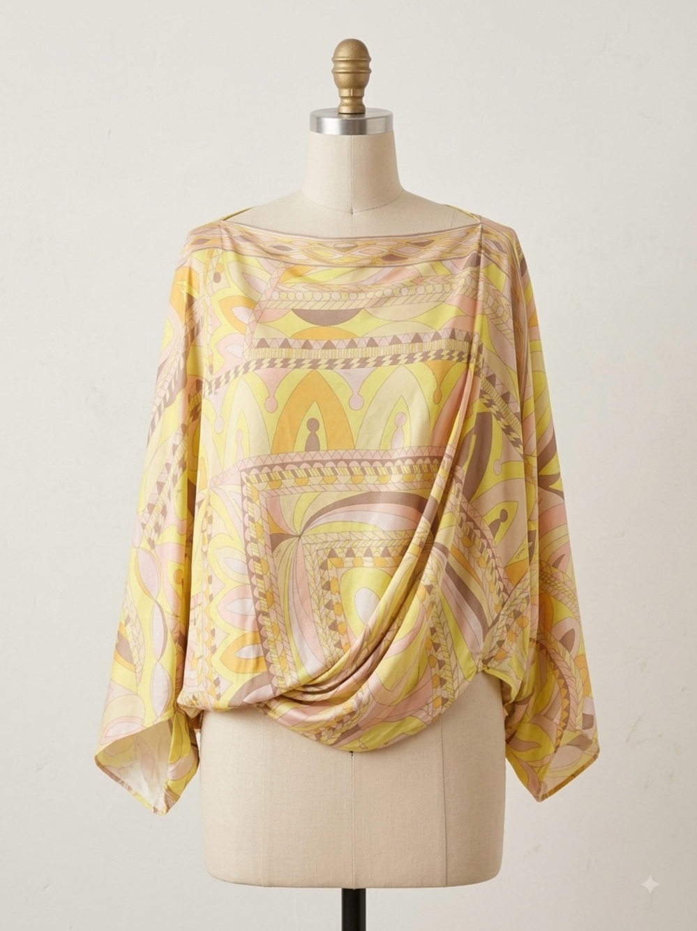 VTG Pucci Drape Neck Geometric Top Yellow Tussuto US 10 Designer Y2K 90s Maximal